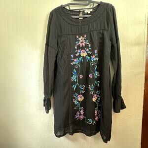 Umgee Boutique Boho Women's S Black Floral Embroidered Long sleeve Dress